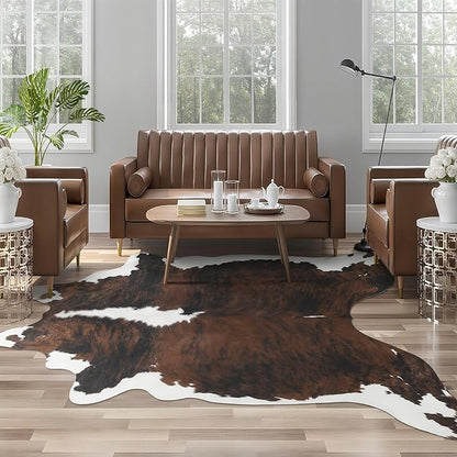 AROGAN Western Decor Faux Fur Cowhide Rug, 4.6x5.2 Feet Premium Animal Skin Cow Hide Rug, Sturdy Cow Print Rugs for Wall Decor, Western Floor Carpet for Bedroom Living Room, Black and Brown