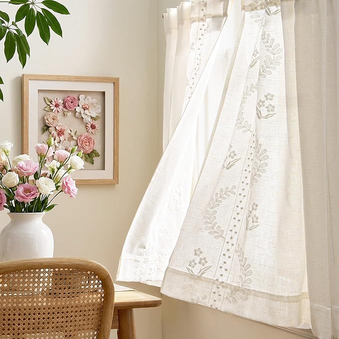 jinchan Belrose Linen Floral Kitchen Curtains 36 inch Length Embroidered Farmhouse Cafe Curtains for Living Room Bathroom Small Windows Curtain Set Sheer Light Filtering 2 Panels White