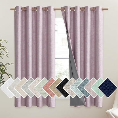 NICETOWN Pink Vintage Linen 100% Blackout Curtains for Living Room, Thermal Insulated Curtains 63" Long, Noise Reducing Window Treatment Drapes for Hall Room, 52" Wide Per Panel, Set of 2