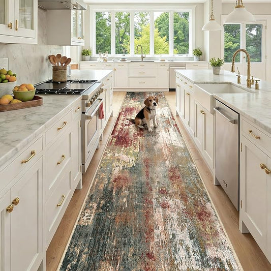 Washable Area Rugs 3x12 Non-Slip Modern Abstract Soft for Living Room Entryway Bedroom Nursery, Print Pattern, Brown Rust Red Green Blue Multi
