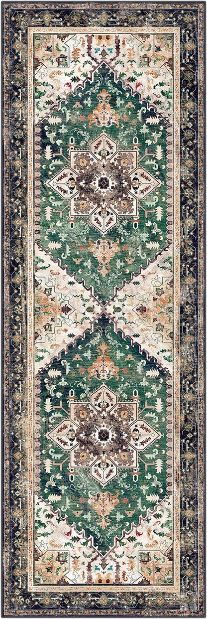 Yamaziot Washable Runner Rug, 2x6 Non-Slip Boho Vintage Hallway Rug Runner with Rubber Backing, Stain Resistant & Low Pile Faux Wool Distressed Carpet Runner for Kitchen, Laundry, Entrance