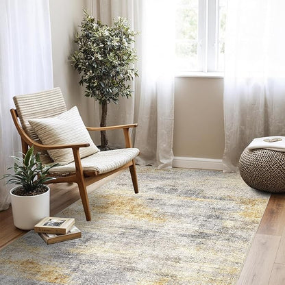 4x5 Washable Entryway Area Rug: Modern Abstract Runner Rugs Indoor Soft Non Slip Door Mat for Living Room Low Pile Thin Floor Carpet for Kitchen Dining Room Bedroom Home Office Decor(4x5,Grey/Yellow)