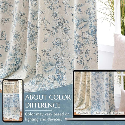 jinchan Blackout Floral Curtains for Living Room Bedroom Linen Blend Curtain Farmhouse Blue Printed with Lined Back Tab Rod Pocket Drapes Window Treatments 2 Panels 63 Inch