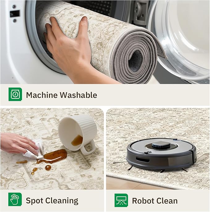 Hallway Washable Runner Rug 2x10 - Non Slip Vintage Kitchen Runner Rugs for Entryway Low-Pile Waterproof Long Runners for Living Room Bedroom Medallion Indoor Floor Mat for Bathroom Laundry Beige