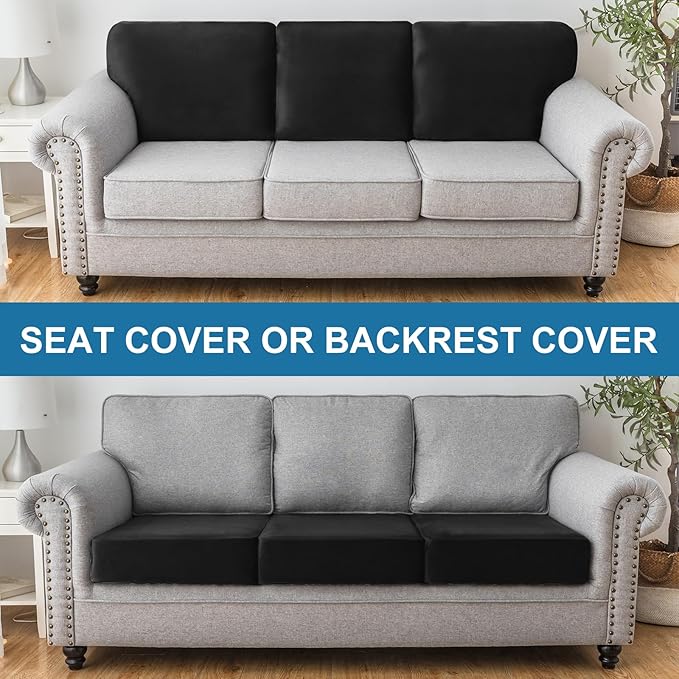 Couch Cover Stretch Velvet Sofa Cushion Cover 3-Piece - Elastic Washable Slipcover for Seat or Backrest, Couch Seat Covers for Sofas (Black)