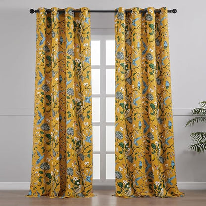 94 Inches Long Custom Satin Window Treatments,Retro Art Deco Floral Hummingbird Patterned Pretty Elegant Mustard Yellow Light Blocking Grommet Curtains Two Pages Curtains for Bedroom Playroom Room