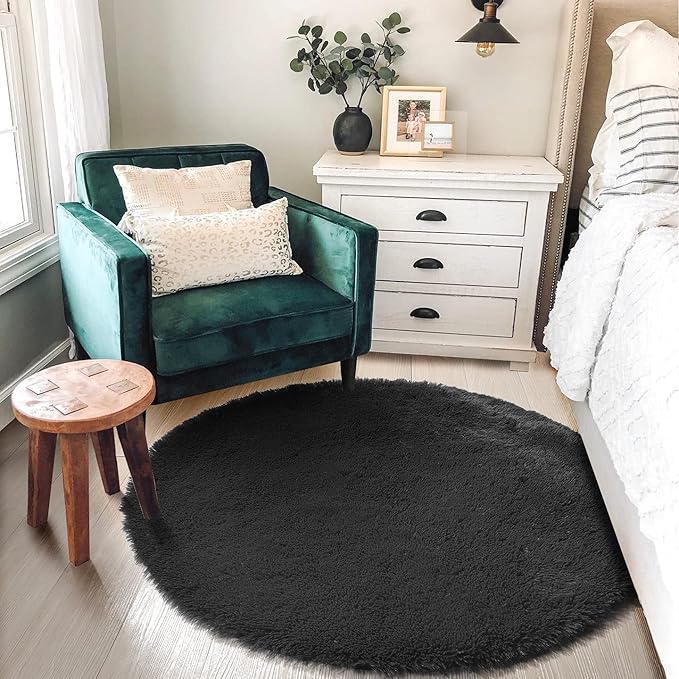 Black Small Round Rug 3Ft for Bedroom, Fluffy Circle Area Rugs for Living Room Decor Aesthetic, Shaggy Furry Circular Floor Carpet for Office Playroom Nursery Classroom, Modern Baby Kid Teen Boy Rug