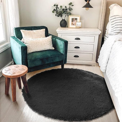 Black Small Round Rug 3Ft for Bedroom, Fluffy Circle Area Rugs for Living Room Decor Aesthetic, Shaggy Furry Circular Floor Carpet for Office Playroom Nursery Classroom, Modern Baby Kid Teen Boy Rug