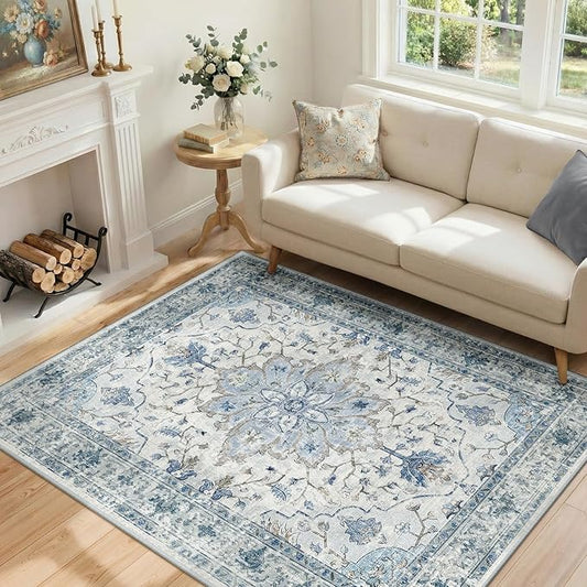 Area Rugs 4'x5' Washable Non-Slip, Floral Vintage Distress Print Pattern Medallion Carpet for Living Room Bedroom Dining Room, Light Blue Navy Beige Gray White