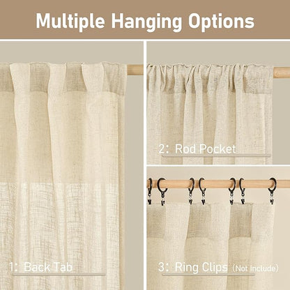 LAMIT Living Room Linen Curtains 90 Inch for Bedroom, Back Tab and Rod Pocket Linen Textured Sheer Curtains Light Filtering Boho Drapes for Farmhouse, 2 Panels, 52 x 90 Inch, Beige