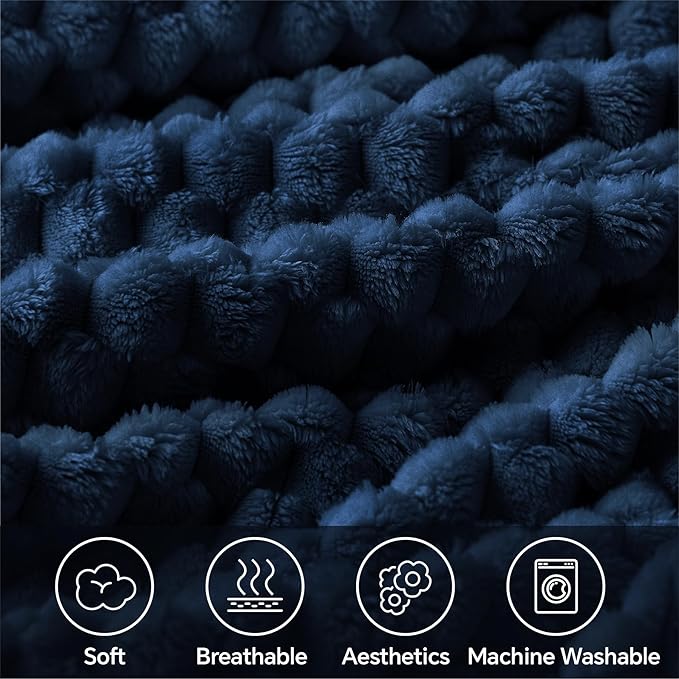 BEDELITE Fleece Blanket - 3D Jacquard Decorative Navy Queen Size Blankets for Bed, Soft and Cozy Warm Plush Fluffy Blanket All Seasons Suitable, 90x90Inches