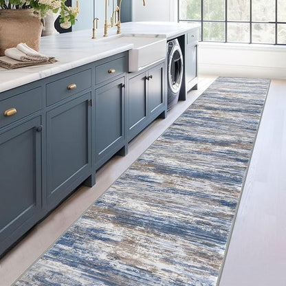 KOZYFLY Modern Abstract Washable Rug Runner 2.6x18 Hallway Rug Runner Non-Slip Soft Kitchen Runner Rugs, Blue Rust Striped Carpet for Entryway Bathroom Laundry Room Foyer