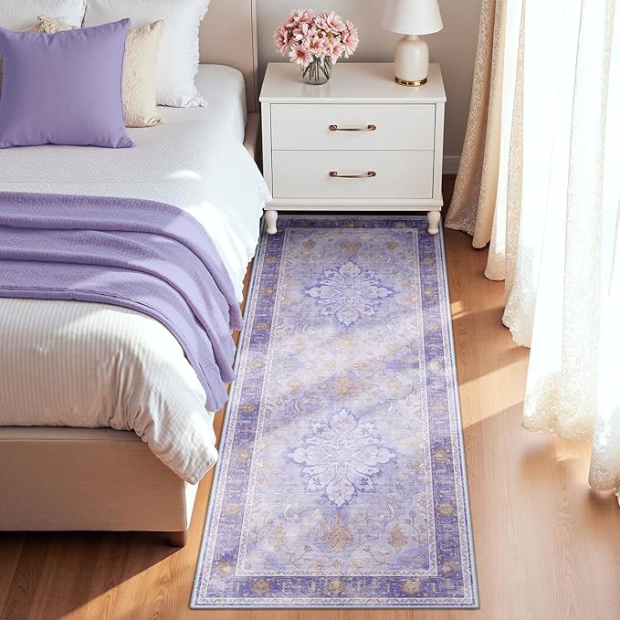 RELEANY Area Rugs 2'x8' Runner Rug Non Slip Washable for Kitchen Hallway Bedroom Beside Laundry Room Bathroom Rug, Floor Carpet, Light Purple Brown