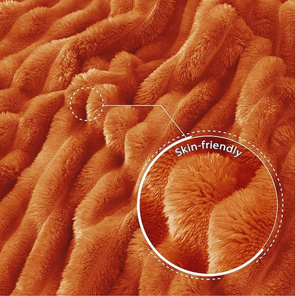 Exclusivo Mezcla Fleece Throw Blanket for Couch, Super Soft Striped Jacquard Bed Blanket, Lightweight Fuzzy Cozy for All Seasons, 50x60 Inches, Burnt Orange