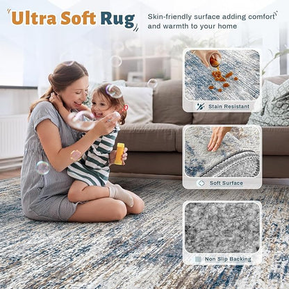 8x10 Area Rugs for Living Room, Washable Modern Abstract Large Area Rug Neutral Soft Non Slip Kids Rug Stain Resistant Indoor Carpet for Bedroom Nursery Dining Room Playroom(BlueWhite, 8'x10')