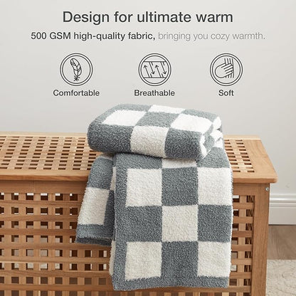EXQ Home Checkered Throw Blanket, Knitted Blanket with Checkerboard Grid Pattern, Soft Cozy Fluffy Blankets for Couch Bed Sofa, Warm Fuzzy Plaid Blanket for All Seasons(Bluish Grey, 50"×60")