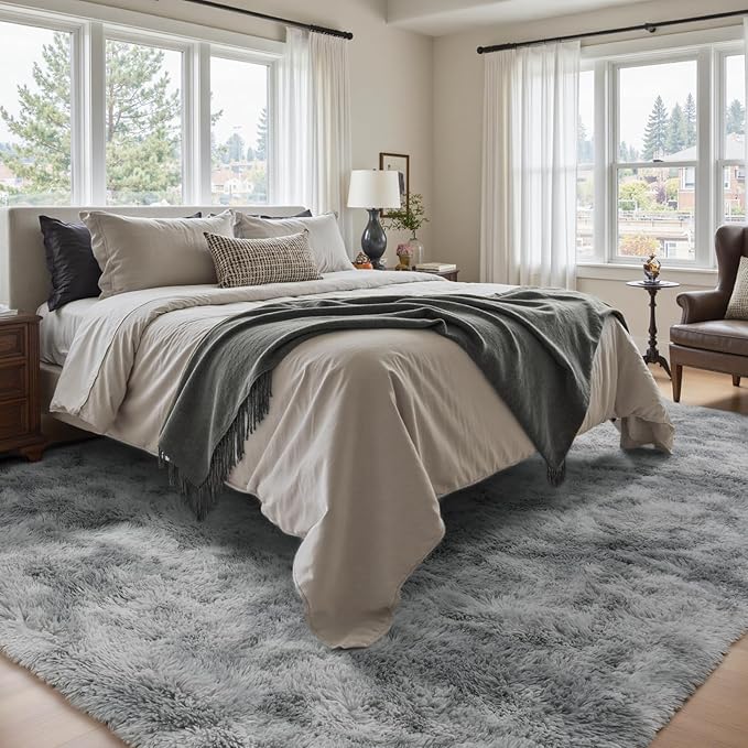 7x10 Ft Extra Large Shag Rugs for Living Room, Tie Dyed Ultra Soft Fluffy Furry Area Rugs for Bedroom Indoor Floor, Aesthetic Carpet for Kids Home Decor (Light Grey)