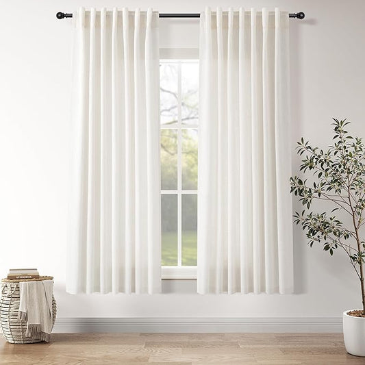 Nanspring Ivory White Linen Curtains 63 Inches Long for Living Room Back Tab Pocket Natural Light Filtering Privacy Translucent Ivory White Cotton Texture 52X63, 2 Panels