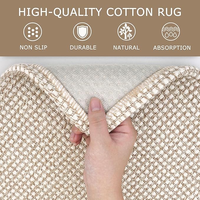 KOZYFLY Long Runners for Hallways 3x12 ft Washable Kitchen Runner Non Slip Rubber Backed Hallway Rugs Cotton Entryway Runner Rug Floor Carpet for Indoor Hall, Backdoor, Kitchen, Ivory/Khaki
