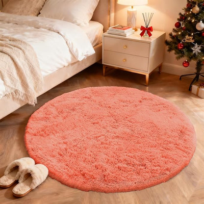 OLANLY Coral Red Round Rugs for Bedroom - Machine Washable, 4 ft Circle Area Rugs for Living Room, Soft and Fluffy Shaggy Carpet for Teen Girl and Boys, Nursery Rooms, Dorms, Home Decor Aesthetic