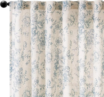 jinchan Linen Blend Curtain Floral Curtains for Living Room 54 Inch Length Blue Printed Curtain Rod Pocket Back Tab Farmhouse Peony Flower Patterned Drapes Bedroom Window Curtains Set 2 Panels
