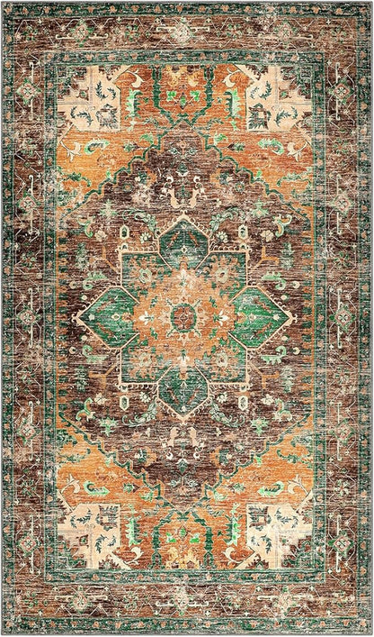 Yamaziot Washable Area Rug, 4x6 Non-Slip Boho Vintage Living Room Bedroom Rug with Rubber Backing, Low Pile Faux Wool Soft Distressed Rug Floor Carpet for Living Room, Laundry, Kids Playroom