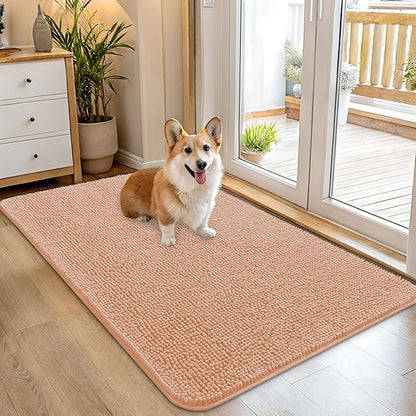 OLANLY Dog Door Mat for Muddy Paws 45x27, Absorbs Moisture and Dirt, Absorbent Non-Slip Washable Doormat, Quick Dry Chenille Mud Mat for Dogs, Entry Indoor Entryway Carpet for Inside Floor, Peach
