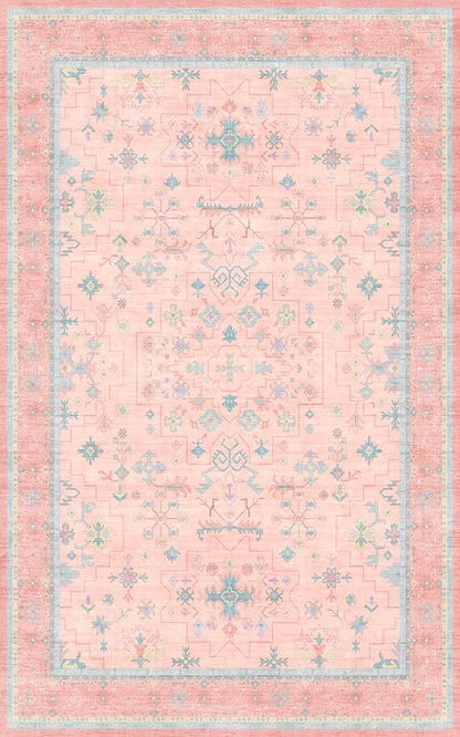 Hazo Haus Pink and Blue Washable 5x8 Living Room Rugs, Boho Aethestic Oushak Vintage Area Rug for Bedroom Girls Kids Playroom Nursery Room, Non-Slip Rubber Backing Stain Resistant