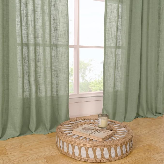 LAMIT Short Window Linen Curtains 36 Inch Length 2 Panels, Sage Green Light Filtering Panels Back Tab and Rod Pocket Neutral Drapes for Bathroom/Loft Room, 34 x 36 Inch