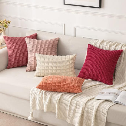 MIULEE Pack of 2 Corduroy Decorative Throw Pillow Covers 18x18 Inch Soft Boho Striped Pillow Covers Modern Farmhouse Home Decor for Summer Sofa Living Room Couch Bed Coral