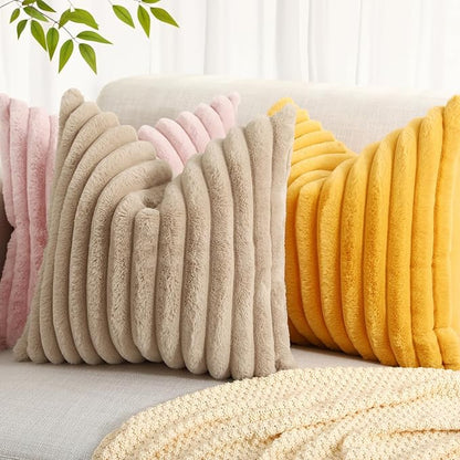 decorUhome Summer Cozy Faux Fur Throw Pillow Covers 26x26 Set of 2 Decorative Soft Plush Striped Modern Farmhouse Boho Couch Euro Sham Pillow Cases with Velvet Back for Sofa Bed Living Room, Pink