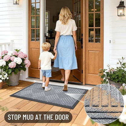 OLANLY Front Door Mat Outside Entrance 29.5x17, Absorbent, Heavy Duty Sturdy Natural Rubber Doormat Indoor Outdoor, Stain Fade Resistant, Non-Slip Low Profile Floor Mat Entryway, Charcoal Gray Diamond