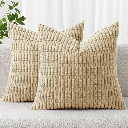 MIULEE Pack of 2 Corduroy Decorative Euro Sham Throw Pillow Covers 22x22 Inch Soft Boho Striped Pillow Covers Modern Farmhouse Home Decor for Sofa Living Room Couch Bed Tan