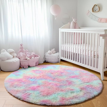 ONASAR Rainbow Round Area Rugs 5ft, Soft Bedroom Circle Rug Mats for Kids Girls Teen Room, Kawaii Fluffy Plush Shaggy Carpet for Dorm Nursery Living Room Playroom Home Decor Princess Castle
