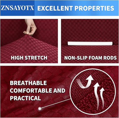 ZNSAYOTX 1 Piece Jacquard Couch Covers for 3 Cushion Couch Living Room High Stretch Sofa Cover Pets Dogs Friendly Anti Slip Thickened Slipcovers Furniture Protector (Sofa, Wine Red)