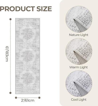 2x6 Runner Rug Non Slip for Entryway, Washable Runners for Kitchen, Soft Thin Hallway Rug for Bedroom, Laundry, Small Stain Resistant Indoor Door Mat(2'x6', Light Grey/White)