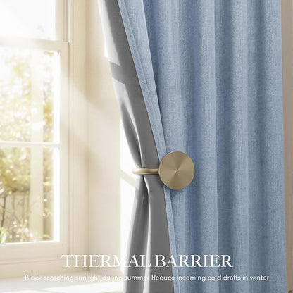 RYB HOME Linen Texture Curtains for Bedroom, 100% Blackout Thermal Insulated Curtains, Rod Pocket&Back Tab Room Darkening Drapes Luxury Decor for Living Room Nursery, W52xL90g, 2 Panels, Smoky Blue