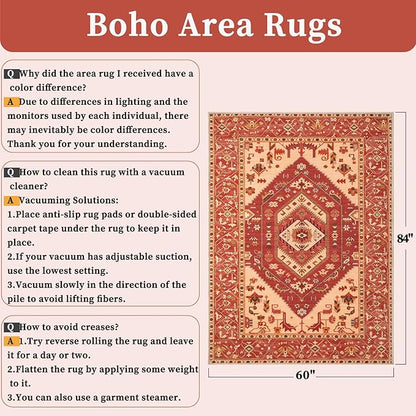 SERISSA 5x7 Boho Area Rug, Washable Non-Slip Rugs for Living Room, Large Red Rug Ultra Soft Vintage Oriental Print Distressed Carpet for Bedroom Dining Room Dorm Office Home Decor