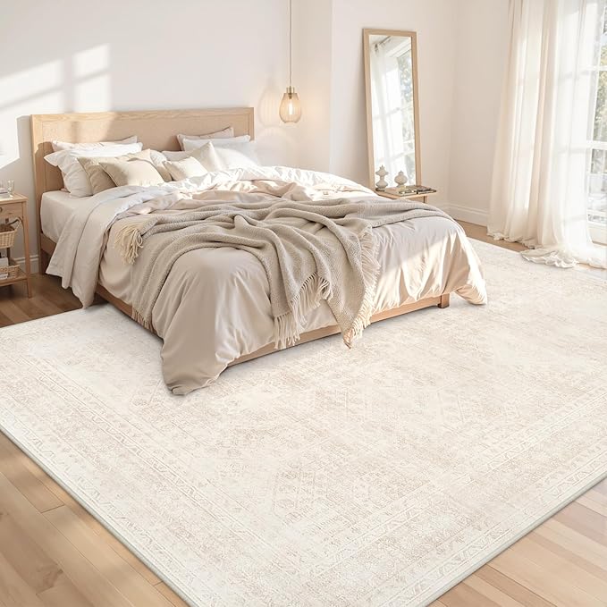 Area Rugs 9x12 Living Room: Vintage Boho Neutral Washable Rug Indoor Soft Large Area Rug Carpet for Bedroom Nursery Farmhouse Dining Room Office Floor Non-Slip Low Pile Under Table Rug Beige