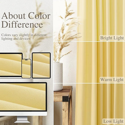 Yellow Linen Curtains 63 Inches Long for Bedroom Back Tab Light Filtering Privacy Sheer Curtains Modern Farmhouse Coastal Decor Yellow Cotton Textured Gauze Curtain for Bathroom 2 Panel Set 52x63