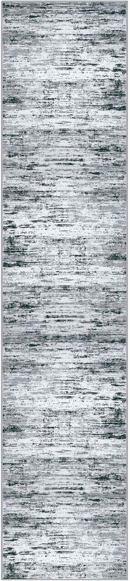 Lansny Modern Abstract Runner Rug 2.6x12, Black Grey White Washable Long Kitchen Runner Non-Slip Soft Hallway Rug Runner Thin Print Faux Wool Carpet for Entryway Bedroom Laundry Room Indoor Home Decor