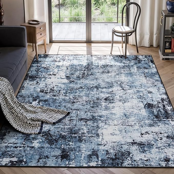Rugflix 4x6 Area Rug for Living Room, Washable Non-Slip Stain-Resistant Low Pile, Modern Dark Carpet for Dining Room/Home Office/Kid Room/Nursery/Bedroom, Navy Blue/Black