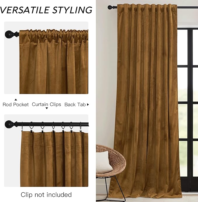 RYB HOME Gold Brown Velvet Curtains 72 inches with Hook Belt, Soft Fabric Room Darkening Thermal Insulated Luxurious Home Decor Curtains for Living Room Bedroom, W 42" x L 72", 2 Panels Set