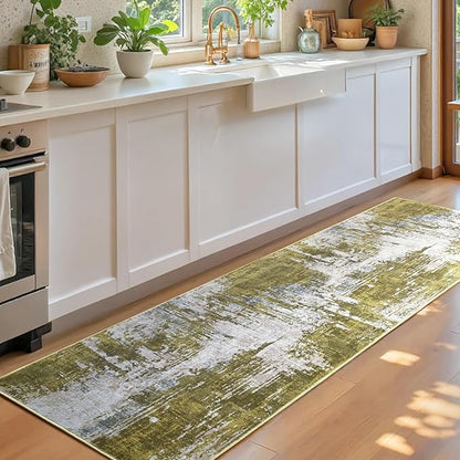 2x6 Sage Green Rug Runners for Hallways Kitchen Runner Rug Non Slip Washable Long Runner Rugs with Rubber Backing Soft Abstract Carpet Runner for Hallways, Kitchen, Bathroom, Entryway