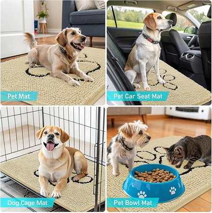 OLANLY Dog Door Mat for Muddy Paws 48x30, Paw Print Design, Absorbs Moisture and Dirt, Absorbent Non-Slip Washable Doormat, Quick Dry Chenille Mud Mat for Dogs, Entry Indoor Entryway Carpet, Sand