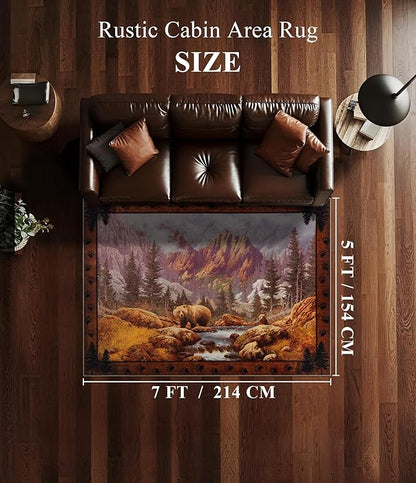 YIHOUSE Rustic Cabin Area Rug for Bedroom 5x7,Machine Washable Woodland Bear Rug,Non-Slip Low Pile Print Pattern Mountain Rug for Living Room