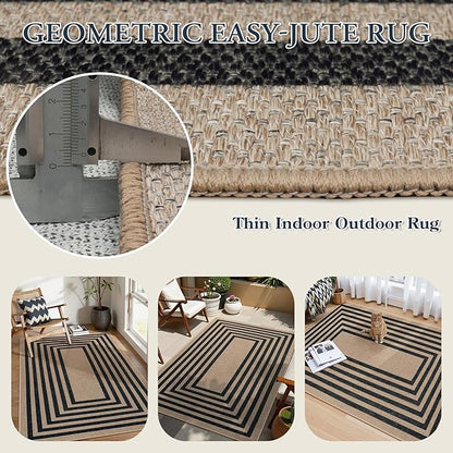 Lahome Enfys Modern Geometric Easy Jute Entryway Rug, 4x6 Black Washable Carpet for Bedroom Contemporary Thin Living Room Patio Rug, Farmhouse Non Slip Indoor Outdoor Carpet for Dining Room Backyard