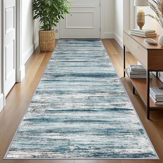 KOZYFLY Runner Rug 3x10 Modern Ombre Runners for Hallways, Washable Rugs for Bedroom Non-Slip Soft Stain Resistant Striped, Print Blue Abstract Carpet for Living/Laundry/Kid Room