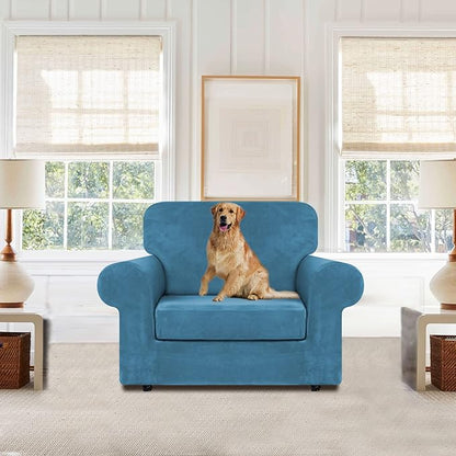 WEERRW Velvet Stretch Chair Sofa Slipcover - 2 Pieces Luxury Soft Velvet Plush Couch Cover Furniture Protector with Elastic Bottom for Pets, Machine Washable, Peacock Blue, Small