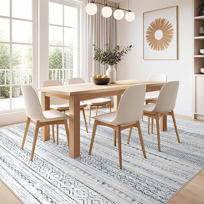 Nakagishi 8x10 Area Rugs Living Room: Washable Boho Large Neutral Soft Farmhouse Rug Stain Resistant Modern Indoor Floor Non-Slip Carpet for Bedroom Nursery Kids Playroom Office Dining Dorm-White Blue